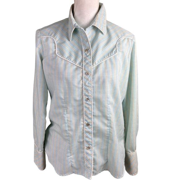 Vintage Avante West Plaid Western Shirt Sz 15/16 Pearl Snap Buttons Aqua Blue - Picture 1 of 11